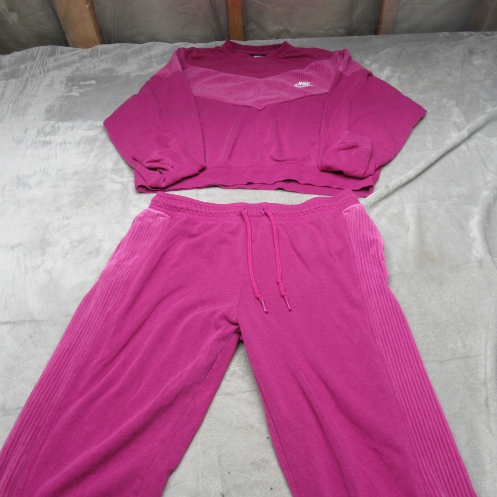 Nike Tracksuit Set Womens Large Fuchsia Pink Fleece Corduroy Cropped Jogger‎ 2PC